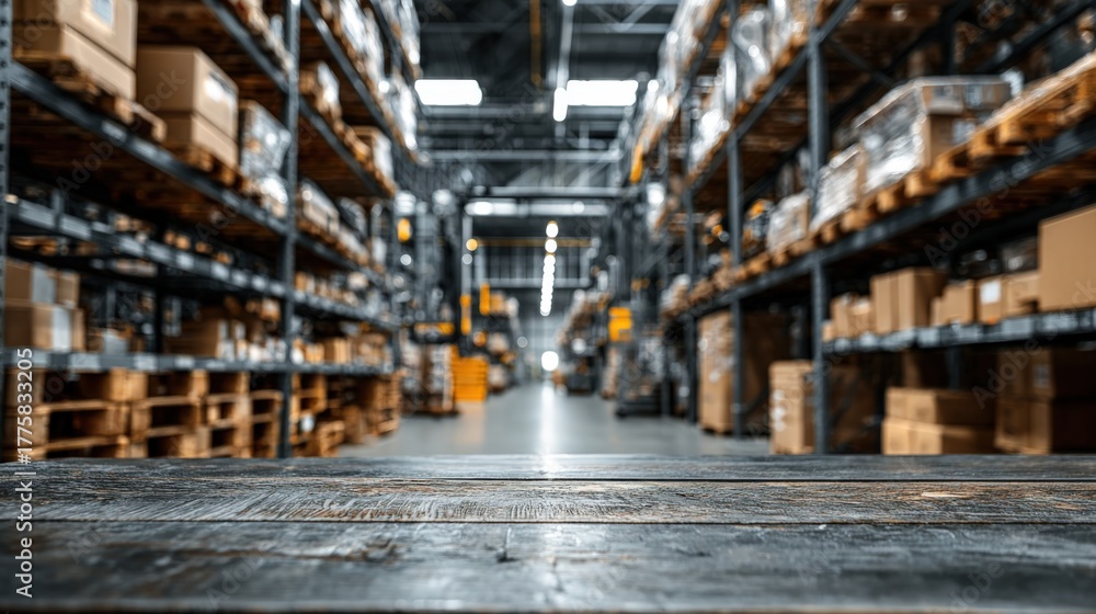 Fototapeta premium Warehouse Interior with Shelves Stocked with Goods and Empty Wooden Table Top Foreground