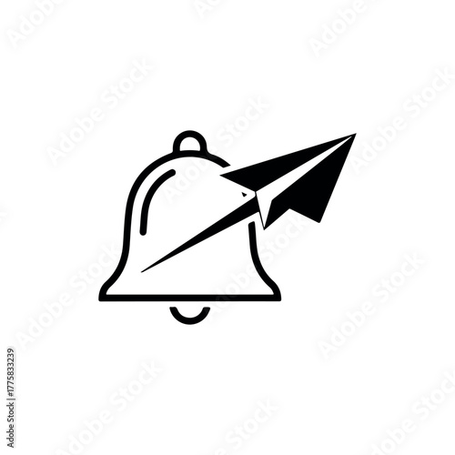 Vector a black and white line art icon representing a notification bell with a paper airplane flying out of it, symbolizing a message or alert being sent