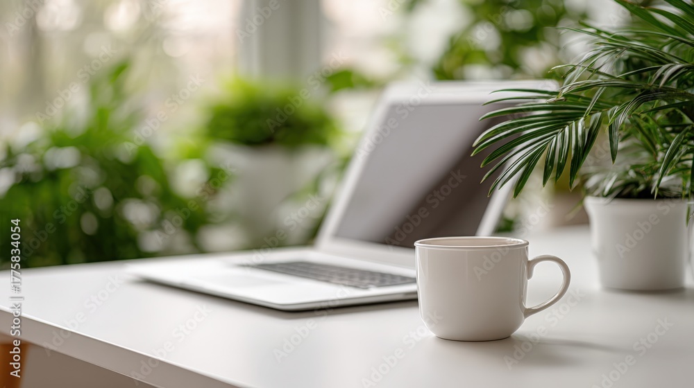 Fototapeta premium Modern Workspace Featuring Laptop, Coffee Mug, and Indoor Plants Creating a Harmonious Work Environment