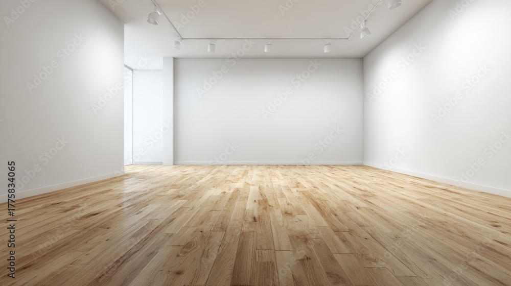 Fototapeta premium Empty Modern Art Gallery Interior with White Walls and Polished Wooden Floor for Exhibition