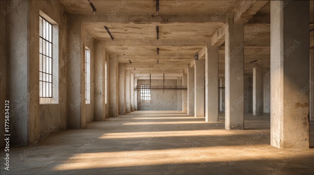 Obraz premium Vast Empty Industrial Interior with Concrete Columns and Natural Light Streaming Through Windows, Ideal for Commercial Space