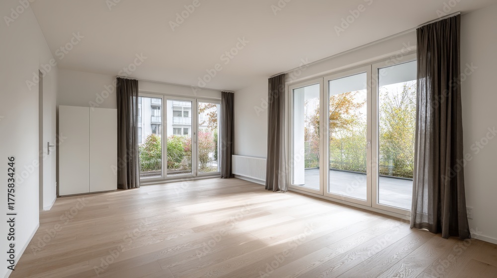 Fototapeta premium Bright and Spacious Modern Living Room Interior with Hardwood Floors and Natural Light
