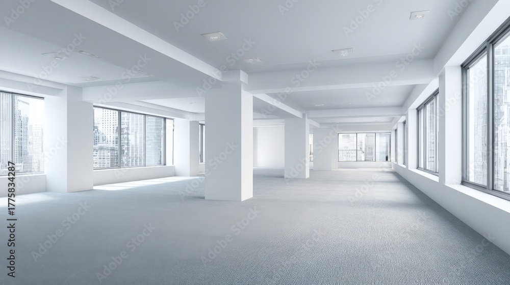 Fototapeta premium Bright and Spacious Empty Office Interior with Large Windows and Minimalist Design for Commercial Real Estate