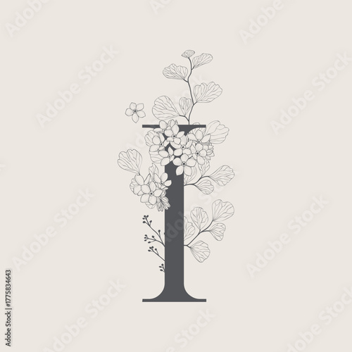 bicycle symbol vector Displays the number "1" integrated with floral elements. Full-frame composition, beige-gray tone. Artistic style