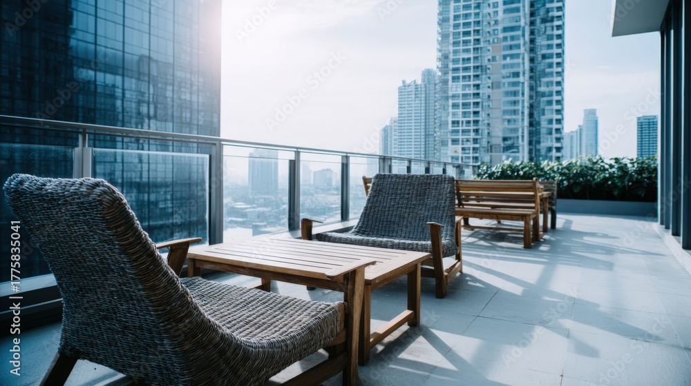 Obraz premium Modern City Balcony with Stylish Outdoor Furniture and Skyline View on a Sunny Day