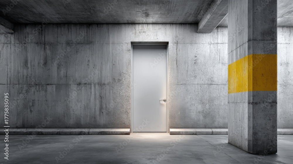 Fototapeta premium Minimalist Concrete Interior with White Door and Yellow Stripe for Safety and Industrial Design