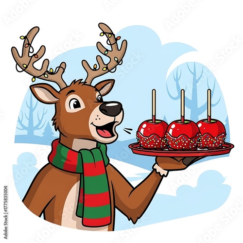 Fototapeta Naklejka Na Ścianę i Meble -  Cute cartoon reindeer holding a tray of candy apples.