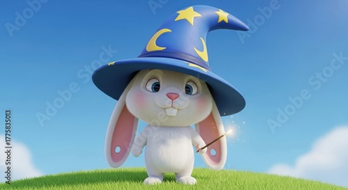 Enchanting Bunny Wizard: A Charming 3D Render of a Magical Rabbit with a Wizards Hat