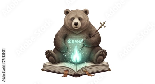 Enchanting Bear Wizard with Illuminated Book, Fantasy Character Illustration