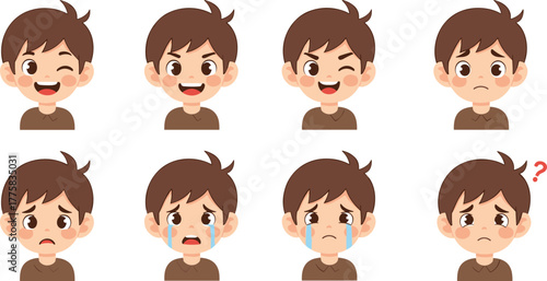 Cartoon boy facial expressions, happy, sad, crying, confused, emotional icons, child character, emotion set, kids illustration, vector art