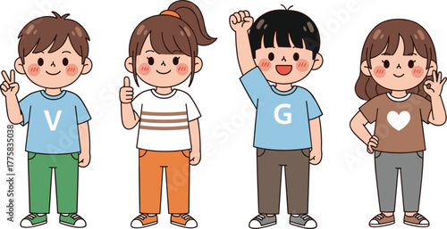 Cartoon children hand gestures, peace sign, thumbs up, raised fist, OK symbol, diverse kids, character design, vector illustration