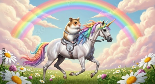 Enchanting whimsical adventure a hamster riding a unicorn under a vibrant rainbow with flowers and