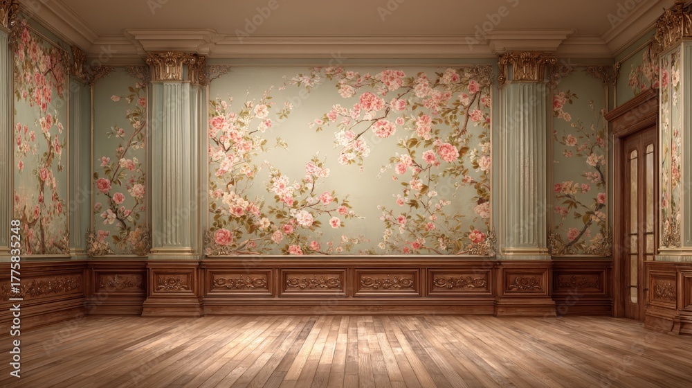 Obraz premium Elegant Interior with Floral Wallpaper, Classic Architecture, and Hardwood Flooring for Sophisticated Design Projects