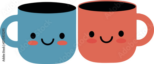 Cute Kawaii Coffee Cups Duo Coral Blue Smiling Faces Isolated