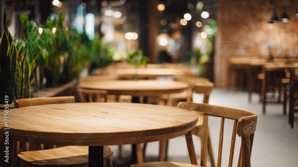 Obraz premium Inviting Cafe Interior with Wooden Tables and Chairs, Warm Lighting Creates an Ambient Atmosphere