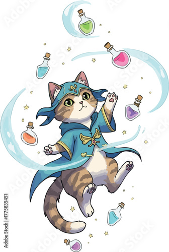 Cute Magical Cat Wizard Juggling Potion Bottles in Blue Robe