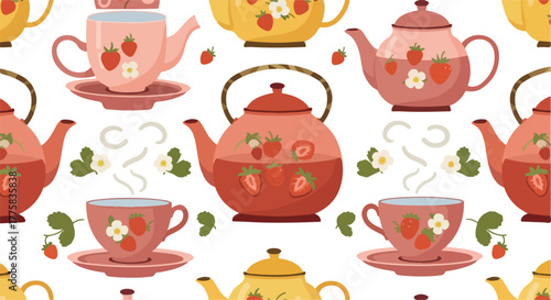Cute Strawberry Teapot Pattern Flat Design Kawaii Style Tea Time