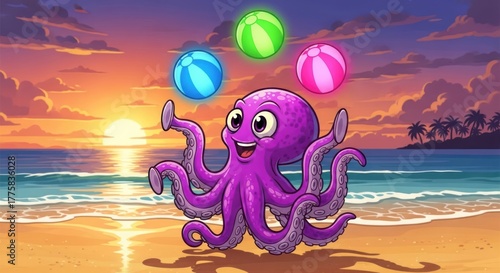 Whimsical Octopus Juggling Beach Balls at Sunset: A Cartoon Paradise Illustration