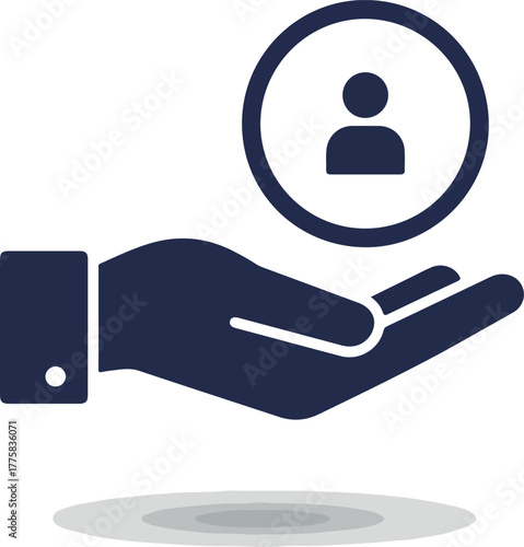 Dark Blue Hand Holding Person Icon Represents Customer Care and Support