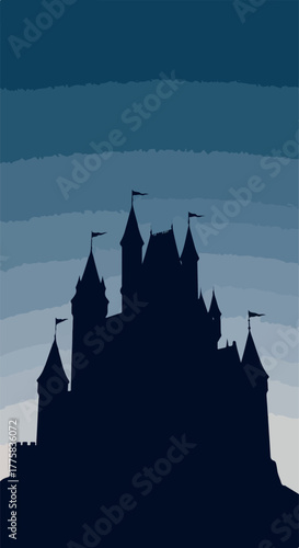 Dark Castle Silhouette Against Blue Gradient Sky Vector Art