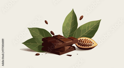 Dark Chocolate Bar Cocoa Beans Leaves Light Background Minimal Illustration