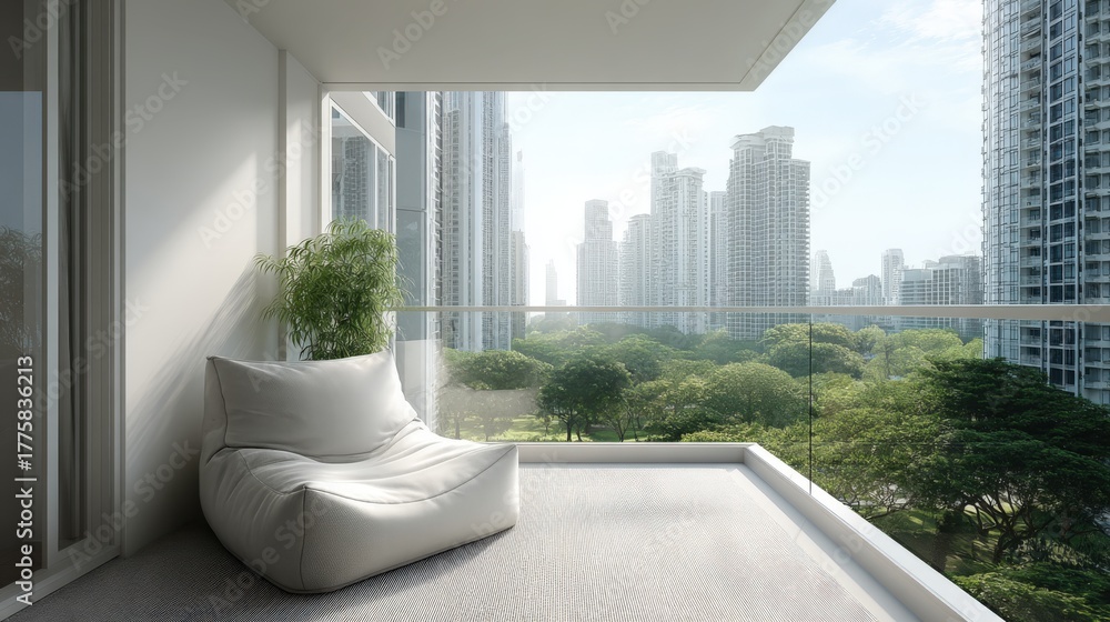 Obraz premium Modern Apartment Balcony with City View and Comfortable Seating, Ideal for Relaxation and Urban Living