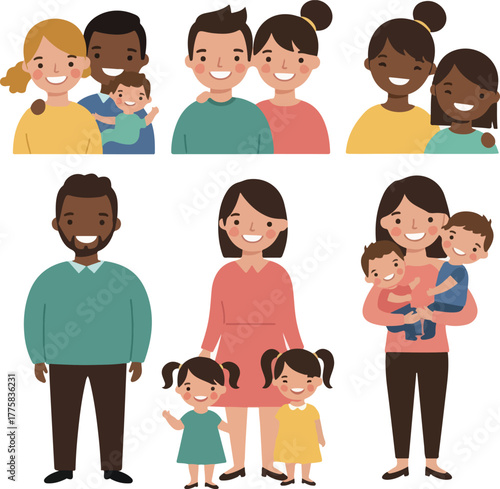 Diverse Families Smiling Together Flat Design Icons on White