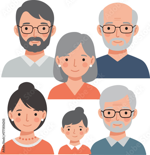 Diverse Family Group Portrait Flat Design Icons People Elders