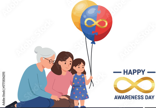 Diverse Family With Balloons Celebrating Happy Awareness Day Golden Infinity Symbol
