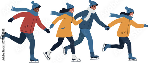 Diverse Friends Ice Skating Together Winter Outfits Holding Hands