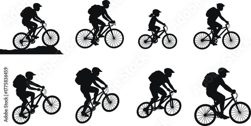 Cyclist silhouette vector set, diverse biking postures including mountain, jump, and child rider for sport, adventure, and design themes