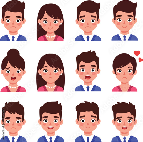 Diverse Male And Female Faces With Varied Emotions In Flat Design
