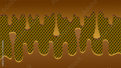 Dripping chocolate illustration. Chocolate drips illustration on waffle background. Wavy chocolate drip illustration. Dripping chocolate illustration on waffle background. 