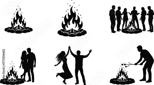 Campfire silhouette vector set, outdoor scenes with people, flames, and activities for camping, leisure, friendship, and nature-