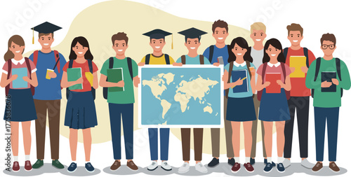 Diverse Student Group Holding World Map with Graduation Caps Flat Design Vector