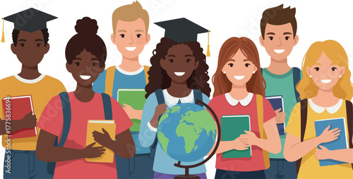 Diverse Students Graduate With Books And Globe