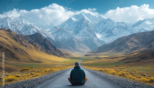 A man sits on an asphalt road with a mountain range and valley ahead. Use for mindfulness, travel, or showing the journey of life and serenity.