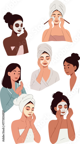 Diverse Women Enjoying Skincare Masks Cleanse Face With Cotton Pads