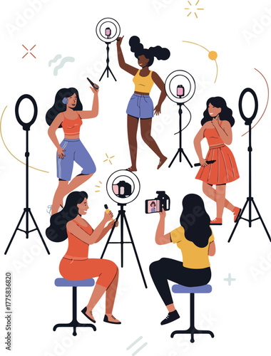 Diverse Women Create Content Ring Lights Cameras Social Media Flat Design