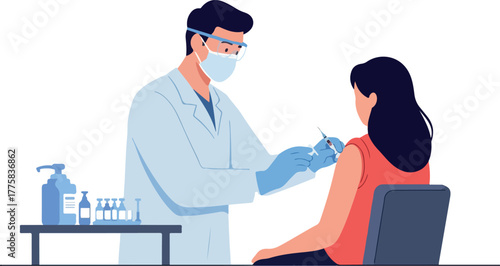 Doctor Administering Covid Vaccine To Patient In Flat Design Minimal Illustration Style
