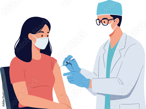 Doctor Vaccinating Woman in Coral Shirt Flat Illustration