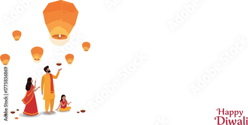 Diwali Festival Family Releasing Sky Lanterns Orange White Background Celebration