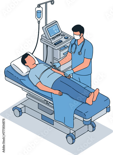 Doctor With Patient In Hospital Bed Medical Equipment Flat Design Illustration