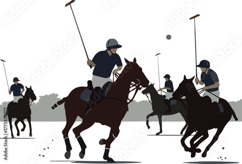 Dynamic Polo Match with Riders and Horses on White Background Flat Design