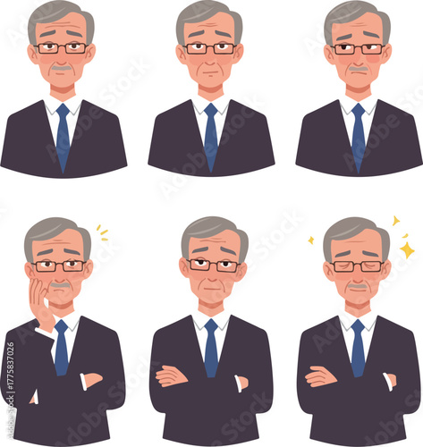 Elderly Businessman Showing Six Different Emotions With Dark Suit