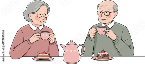 Elderly Couple Enjoying Tea and Cake in Pastel Tones Isolated Vector