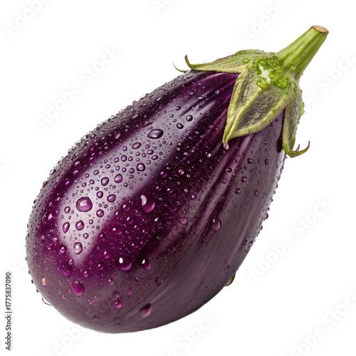 Purple eggplant with water droplets isolated on transparent background