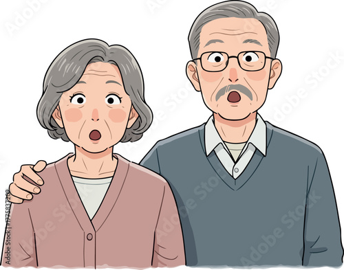Elderly Couple Surprised Expression Peach Pink Cardigan Blue Sweater