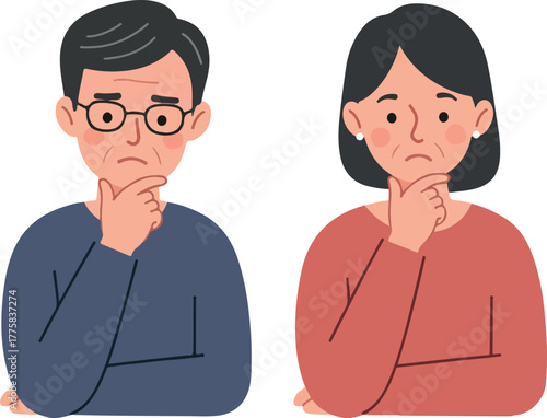 Elderly Couple Thinking Pondering Concerned Faces Flat Design