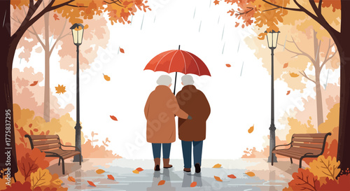 Elderly Couple Walking Under Red Umbrella Autumn Park Pixel Art Vector